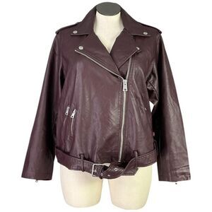 Levis Moto Jacket Womens 2X Burgundy Red Faux Leather Belted Hem Long Sleeve NEW